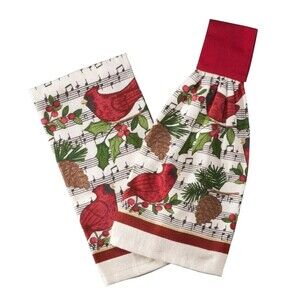 Red Cardinal Music Notes Holiday Hanging Kitchen Towels Holly Berries Gift NEW